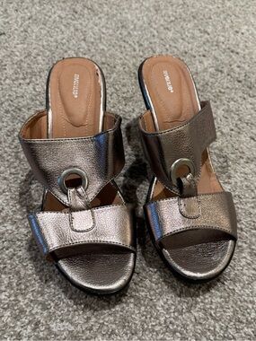 Avenue Metallic Silver Open-Toe Sandal Heels with Ring Accent